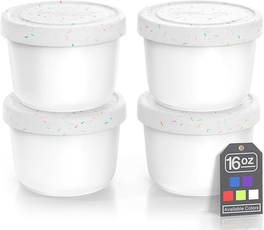 BALCI - 16oz Ice Cream Containers with Silicone Lids (Set of 4) - 1 Pint Each Freezer Food Storage Containers, Reusable, LeakProof, For Homemade IceCream Containers - White with Sprinkles