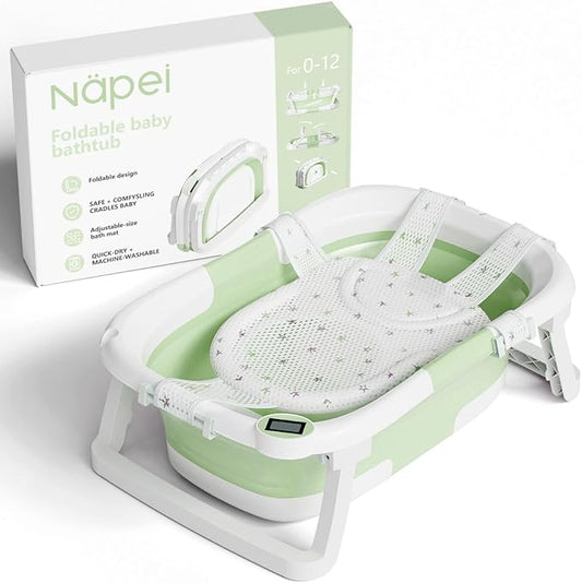 Collapsible Baby Bathtub,Baby Bath Tub with Soft Cushion & Thermometer,Baby Bathtub Newborn to Toddler 0-36 Months,Portable Travel Baby Tub