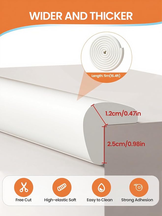 Baby Proof Edge Corner Protector, 16.4FT 0.47''Th L-Shape Furniture Corner & Edge Safety Bumpers with 10 Corners, Pre-Taped, Soft NBR Rubber Foam Desk Edge Cushion Wall Corner Protector (White)