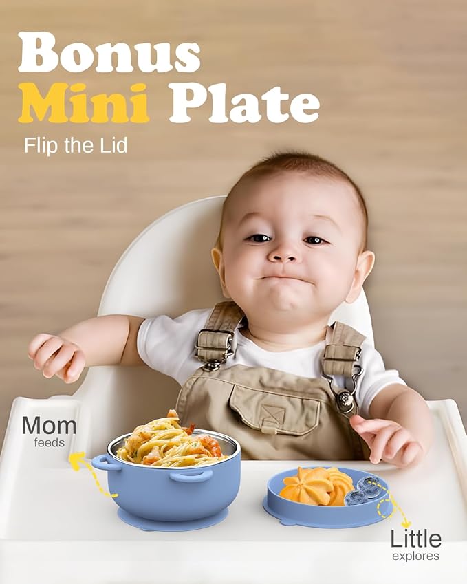 Baby Suction Bowls with Lids 4-Pack, 2-in-1 Stainless Steel 304 Toddler Bowl & Removable Silicone Suction Kids Bowl Plate Set Non Toxic Snack Dishes for Self-Feeding, Sunrise Meadow