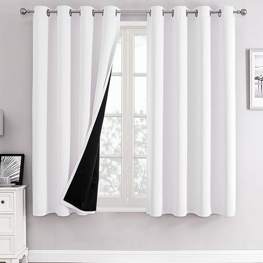 ChrisDowa White 100% Blackout Curtains for Bedroom with Black Liner, 2 Thick Layers Total Blackout Thermal Insulated Grommet Window Curtains 2 Panels Set (Pure White, 52 x 63 Inch)