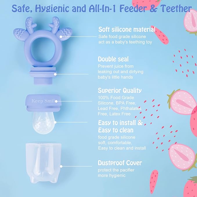 Baby Solids/Frozen Fruit Feeder Pacifier, Infant Teether Toy 4M+, BPA-Free Silicone Pouch & Nipple, Safely Introduce Solids, Teething Relief, 2-Pack (Deer - Green Purple, S/M/L)