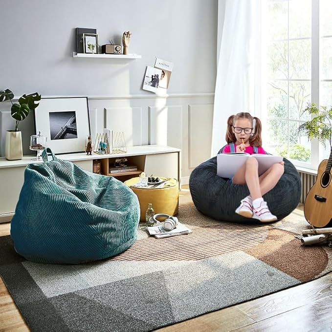 2 Pcs Classic Bean Bag Chair, with Faux Rabbit Fur Cover for Teens and Kids, Memory Foam Bean Bag Chairs, Ultra Soft Faux Fur Fabric, 2.5 feet Round Fluffy Bean Bag Sofa