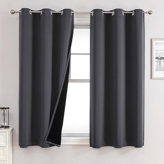 ChrisDowa 100% Blackout Curtains 63 inch Long for Bedroom with Black Liner, 2 Thick Layers Total Blackout Thermal Insulated Grommet Window Curtains 2 Panels Set (Dark Grey, 38 x 63 Inch)