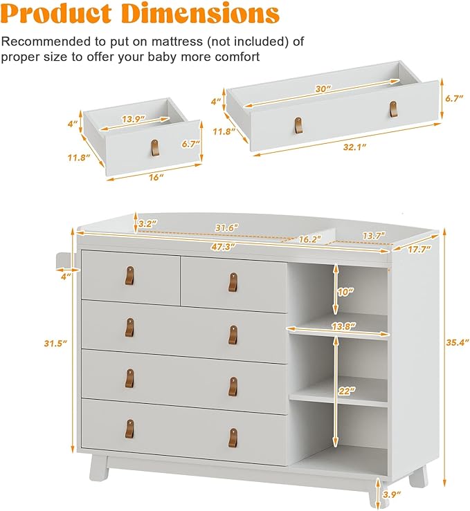 Baby Dresser with Changing Table Top, Baby Changing Table Dresser with 5 Drawers and Adjustable Shelves, Multi-Functional Diaper Changing Station, Nursery Organizer for Kids Bedroom, White