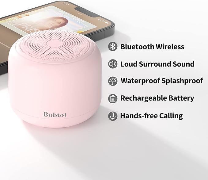 Bobtot Portable Bluetooth Speakers with Strap Easy to Carry, Wireless IPX5 Waterproof Mini Speaker with Loud Stereo Sound, 20 Hours Playtime, Rechargeable Battery, Built-in Microphone, Pink