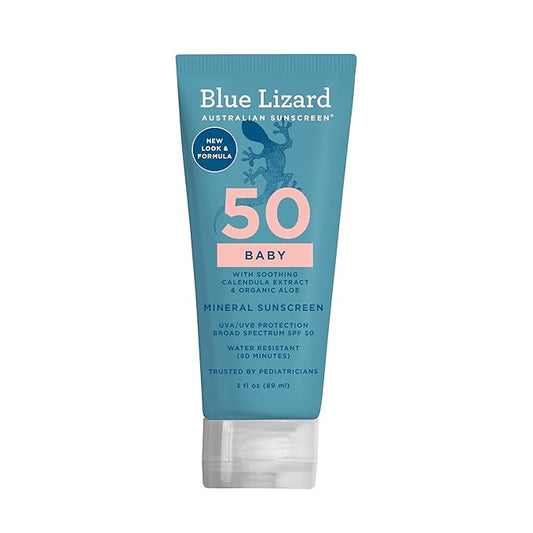 BLUE LIZARD Baby Mineral Sunscreen with Zinc Oxide, SPF 50+, Water Resistant, UVA/UVB Protection with Smart Cap Technology - Fragrance Free, 3 Ounce Tube