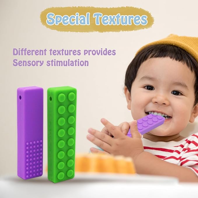 Chew Necklaces for Sensory Kids, 5PCS Building Block Silicone Chewy Necklace for Boys and Girls with Autism Biting Chewing, BPA Free Teether Toys for Baby Toddler and Infant Teething