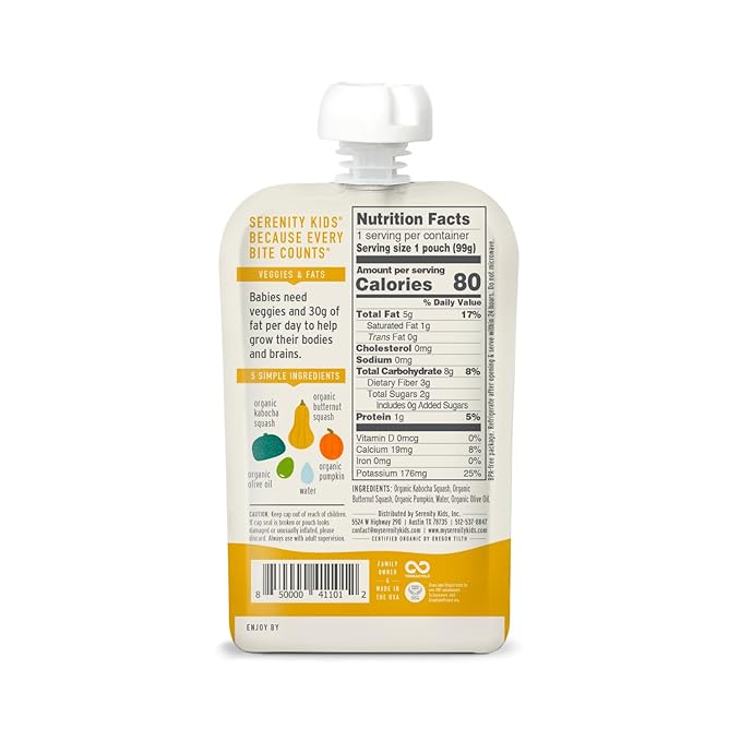 Serenity Kids 6+ Months USDA Organic Veggie Puree Baby Food Pouches | No Sugary Fruits or Added Sugar | Allergen Free | 3.5 Ounce BPA-Free Pouch | Squashes | 1 Count