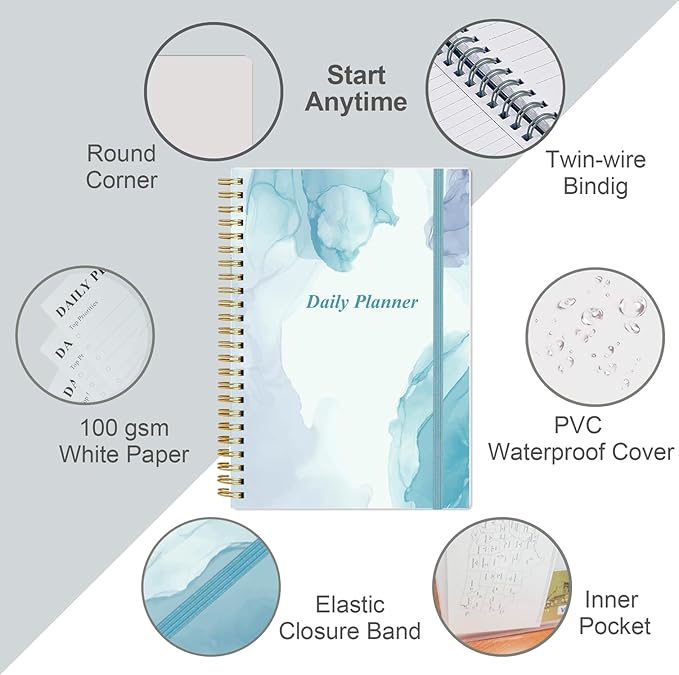 Daily Planner Undated - A5 To Do List Notebook Hourly Schedules, Spiral Appointment Planner for Women and Men, PVC Hardcover, Inner Pocket, Elastic Closure, 5.8" x 8.3", Blue Watercolor