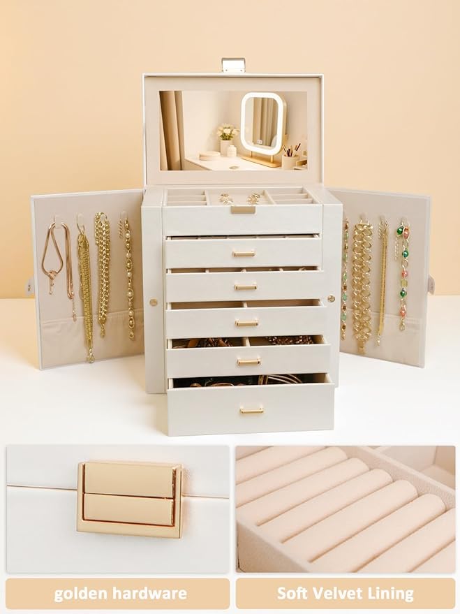 BOOVO Jewelry Box For women, 6 Layer Large Jewelry Organizer With Mirror, Multi-Function Storage Box With Lock, Necklace Holder With 5 Drawers, For Earrings Necklace Bracelet (Pearl White and Gold)