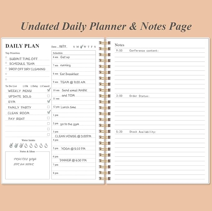 Daily Planner Undated - A5 To Do List Notebook Hourly Schedules, Spiral Appointment Planner for Women and Men, PVC Hardcover, Inner Pocket, Elastic Closure, 5.8" x 8.3", Rose Leaf