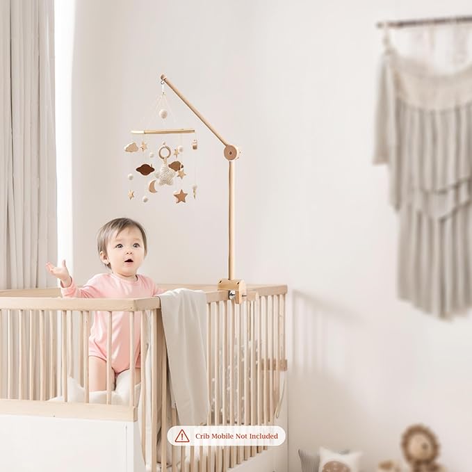 Baby Crib Mobile Arm - Wooden Mobile Arm with Height Adjustable＆360° Rotatable Upgraded Arched Base Nursery Mobile Holder for Crib Mobile Hanger Baby Crib Attachment Nursery Decor