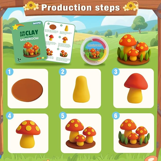 BEIREG Air Dry Clay Farm Adventure Kit for Kids - 15 DIY Farm Animals & Vegetables with Tutorials, Ultra Soft Modeling Magic Clay, Safe Non-Toxic STEM Educational Craft Gift for Boys & Girls Ages 3-12