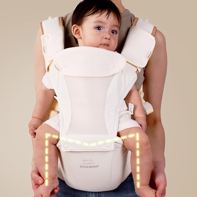 Bebamour Baby Carrier with Hip Seat,All-Position Breathable Mesh Hip Seat & Carrier 0-36Months with Head Hood, 3 PCS Teething Pads, Waist Extender,Storage Bag & Pacifier Case(Khaki)