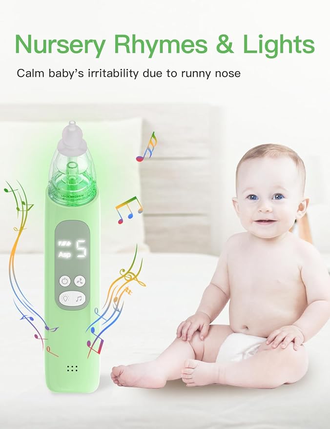 Baby Nasal Aspirator, Electric Nose Sucker with 5 Levels Suction, Soothing Light & Nursery Rhymes (Green)
