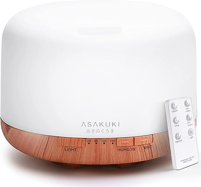 ASAKUKI Essential Oil Diffuser 500ml, Ultrasonic Aromatherapy Humidifier with Remote Control, 7 LED Colors, Timer & Auto-Off, Large Room Diffuser