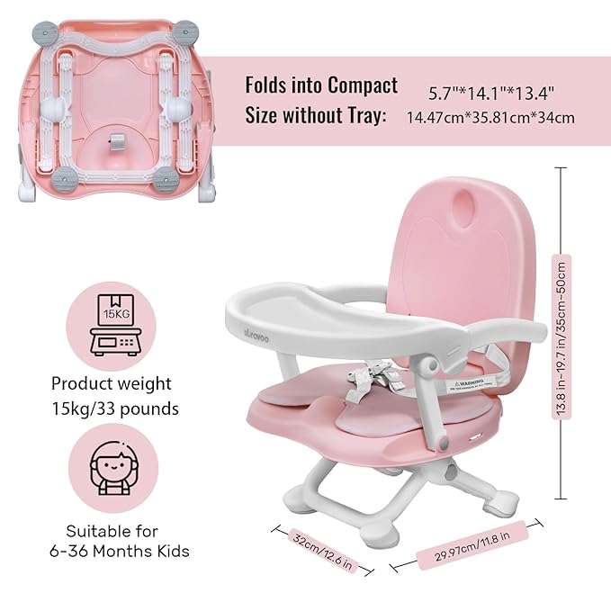 Baby Booster Seat for Dining Table with Removable Tray & Cushion, 3in1 Portable Toddler Booster Seat, 4 Height Adjustable Travel High Chair for Babies and Toddlers