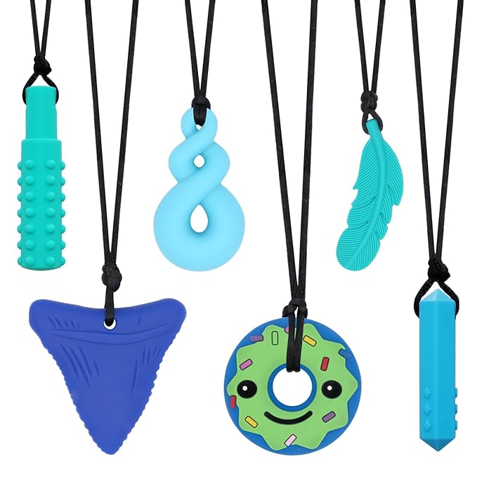 Chew Necklaces for Sensory Kids, 6 PCS Sensory Chew Necklaces for Boys Girls with ADHD, SPD, Autism, Chewing Needs, Silicone Chewy Necklaces Chew Toys for Adults Used for Reliving Anxiety and Stress
