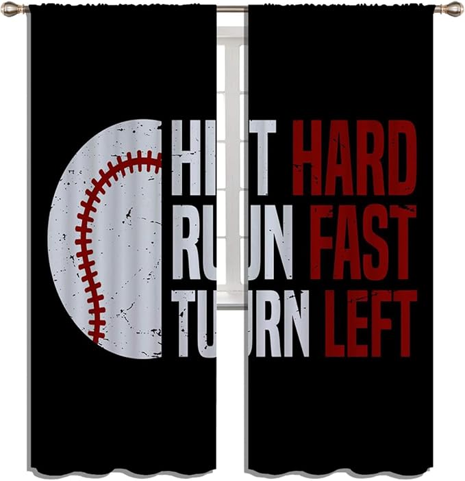 Baseball Blackout Curtains for Boy Girl Room Darkening Decor,Sport Theme Red and White Motto Dark Bedroom Living Room Home Rod Pocket Thermal Insulated Window Curtain/Drapes Panel,84x63 Inch…