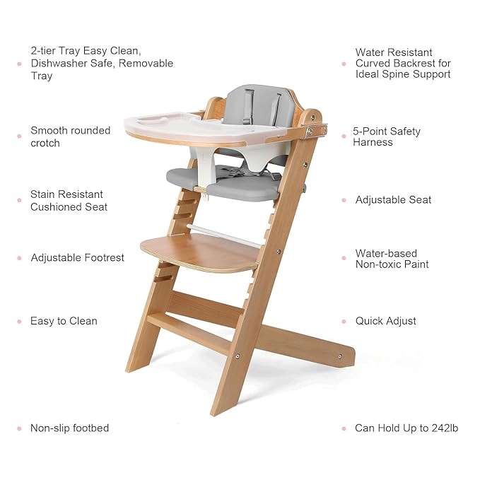 Cowiewie 3-in-1 Convertible Natural Wooden High Chair for Babies & Toddlers 3-Tier Remove & 2 Adjustable Wood Tray & 8 Levels Adjustable, 2 Waterproof Cozy Cushions Grey
