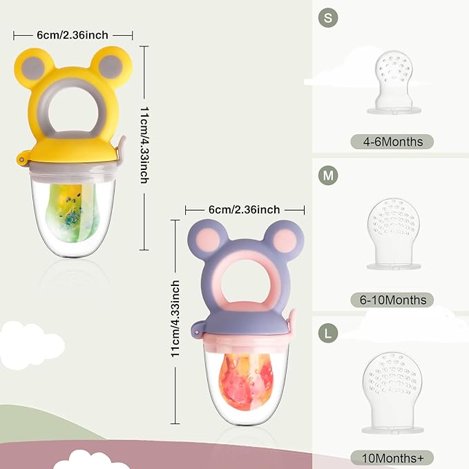 Baby Solids/Frozen Fruit Feeder Pacifier, Infant Teether Toy 4M+, BPA-Free Silicone Pouch & Nipple, Safely Introduce Solids, Teething Relief, 2-Pack - Yellow/Purple (Mouse)