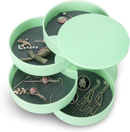 CONBOLA Jewelry Organizer, Small Jewelry Storage Box Earring Holder for Women, 4-Layer Rotating Travel Jewelry Tray Case with Lid for Bracelets Rings Bracelets