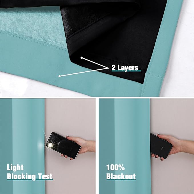 ChrisDowa 100% Blackout Curtains 45 inch Long for Bedroom with Black Liner, 2 Thick Layers Total Blackout Thermal Insulated Grommet Window Curtains 2 Panels Set (Aqua, 42 x 45 Inch)