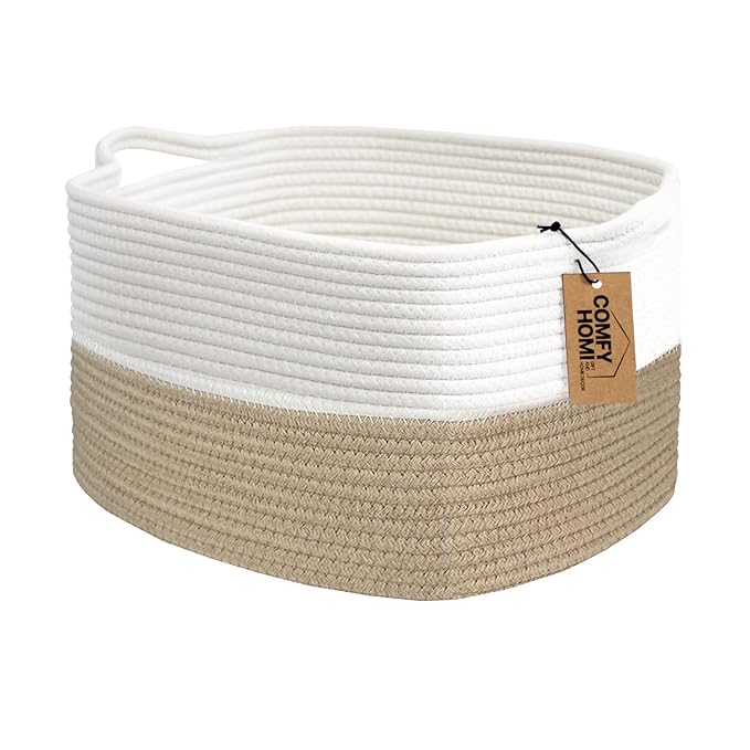 COMFY-HOMI Cotton Rope Woven Basket with Handles for Shelves,Toys,Book, Cloth Storage Baskets Bin for Organizing-13.5"x11"x9.5" Toy Decorative Organizer for Living Room, Bathroom-Light Brown
