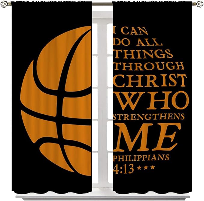 Basketball Blackout Curtains for Boy Girl Room Darkening Decor,Sport Theme and Motto Dark Background Bedroom Living Room Home Rod Pocket Thermal Insulated Window Curtain/Drapes Panel,42x45 Inch…