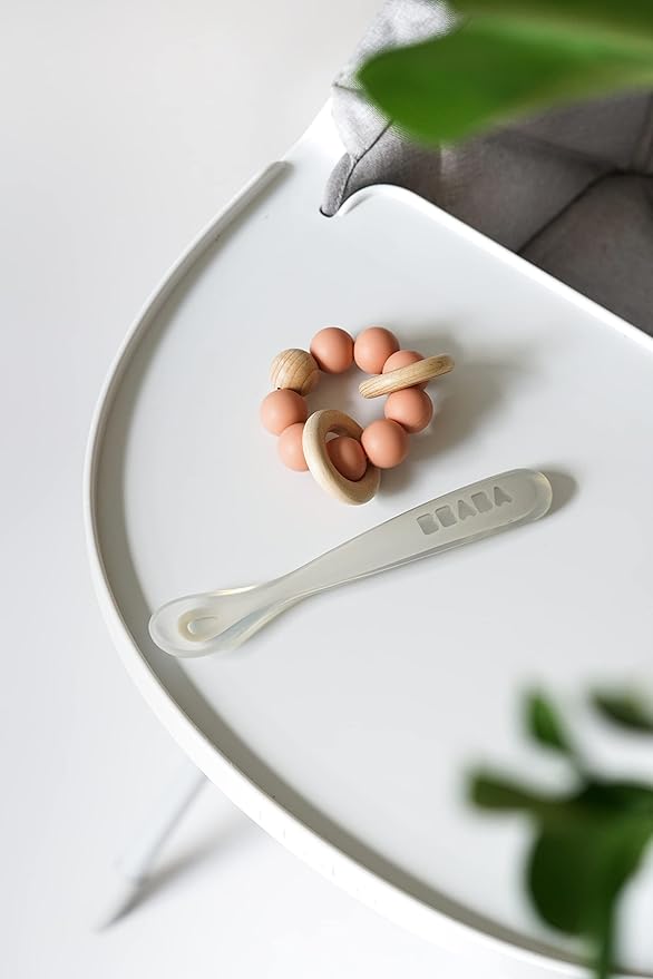 BEABA Baby's First Foods Spoon Set, Original Silicone Baby Spoons, 4 Pack, BPA Lead & Phthalate Free, Gray