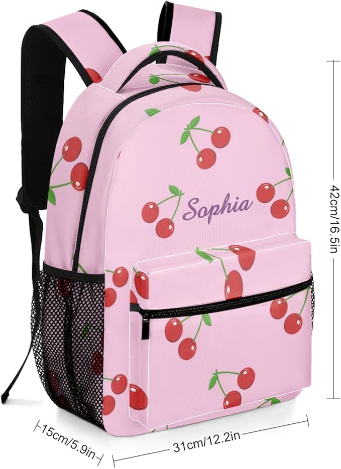 Cherry on Pink Custom Kids Backpack 16.5 Inch for Boy Girl, Personalized Waterproof Child School Travel Bag with Name