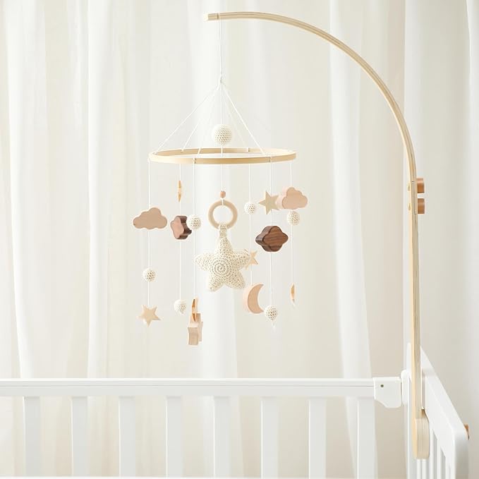 Baby Crib Mobile with Arm Boho Star Moon Nursery Mobile Set Wooden Baby Mobile Holder for Hanging Nursery Decor Ceiling Mobile
