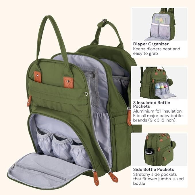 BabbleRoo Extra Large Diaper Bag Backpack, Expandable Baby Bag with Up to 50% More Capacity - Travel Essentials Baby Bag Tote with Changing Pad, Stroller Straps & Pacifier Case - Unisex, Forest Green