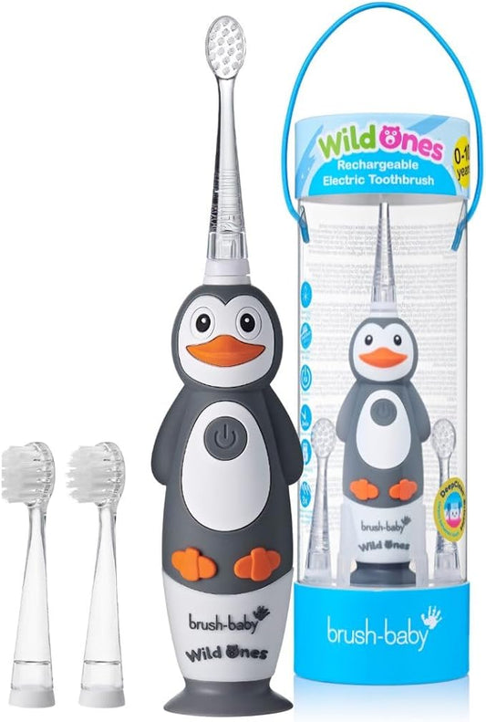 brush-baby WildOnes Kids Electric Rechargeable Toothbrush Penguin, 1 Handle, 3 Brush Heads, USB Charging Cable, for Ages 0-10 (Penguin)