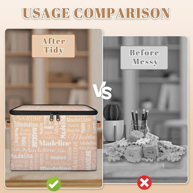 Custom Storage Basket with Name, Personalized Storage Bins with Zipper Lid, Foldable Fabric Storage Box Large capacity with Handle Apricot