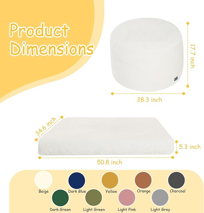 COMAX Kids Bean Bag Chair Turn into Beanbag Bed, Toddler Bean Chair Corduroy for Girl Boy Sleeping, Lazy Children Bean Bags with Filler, Convertible Child Floor Mattress, Beige