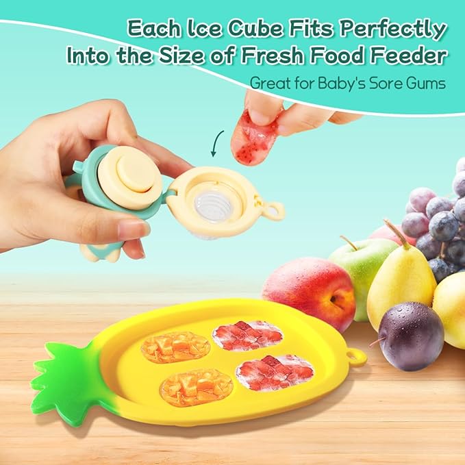Baby Fruit Food Feeder - Silicone Nibble Tray Combo - Breastmilk Popsicle Mold for Cooling Relief, BPA Free Mesh Feeder for Infant Self Feeding (Robot Green + Pineapple)