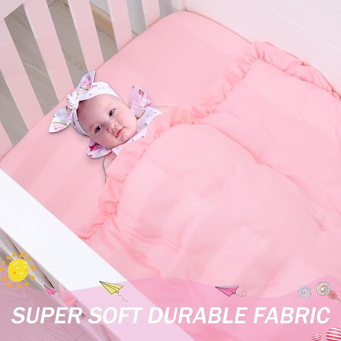 Cloele 3 Pieces Crib Bedding Set for Girls- Solid Ruffle Quilted Includes Comforter Fitted Sheet Crib Skirt,Cute Ruffled Nursery Baby Crib Standard Size Baby Bedding Set Pink
