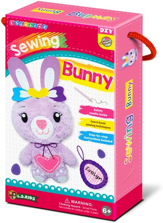 C.S. Kids Magic World DIY Personalised Sewing Kit - Bunny |Frist Sewing Arts & Crafts Gifts | Educational Sewing Kit for Kids | Sew Your Own (Safety Needle & Instruction Included)