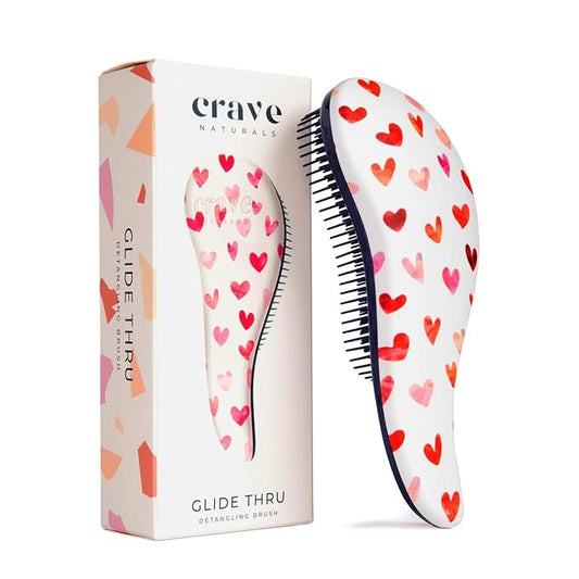 Crave Naturals Glide Thru Hair Brush - Detangler Brush for Curly, Straight, Wet or Dry Hair - Gentle Detangling Brusheses for Adults, Kids, Toddlers - Hair Accessories for Women, 7.5"x3" - Pink Hearts