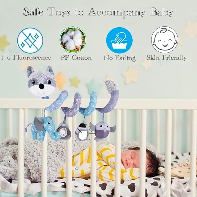 Car Seat Toys, Baby Plush Spiral Hanging Toys for Stroller Crib Bar Bassinet Car Seat Mobile with Musical Owl BB Squeaker Elephant- Gray Fox
