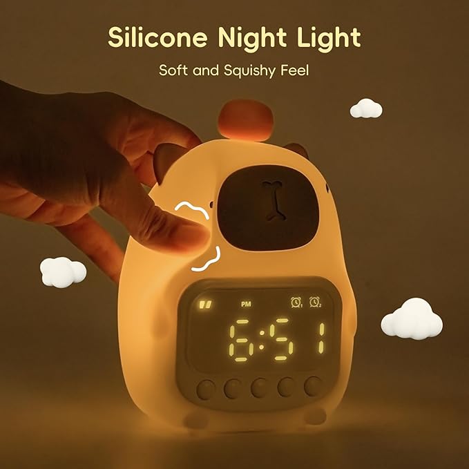 Capybara Alarm Clock with Night Light for Kids, Cute Toddler Alarm Clocks for Bedrooms Ok to Wake Clocks for Girls and Boys, Silicone Animal Tabletop Lamp for Kid, RGB Color