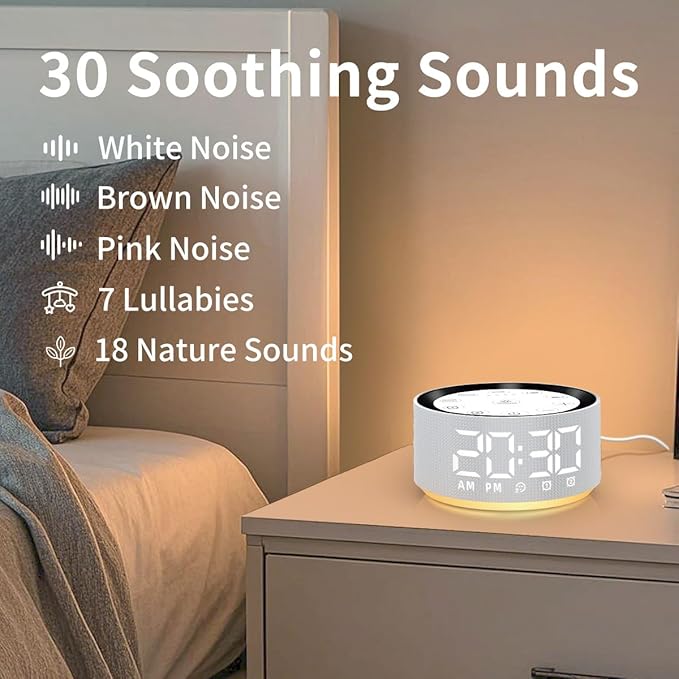 Brown Noise Machine Alarm Clock Sound White Noise Machine Night Light with 30 Sleeping Sounds for Baby Kids Adults 2 Alarms Backup Battery 32 Level Volume 15 Wake up Sounds for Mild Heavy Sleeper