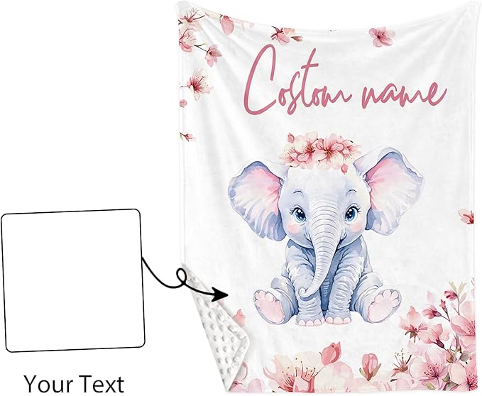 Custom Name Crib Bedding Set - Elephant Theme, Personalized Pink Flower Pattern Nursery Bedding 3-Piece Set– Soft Blanket, Fitted Sheet, Changing Pad Cover – for Newborns Girls Nursery Gifts