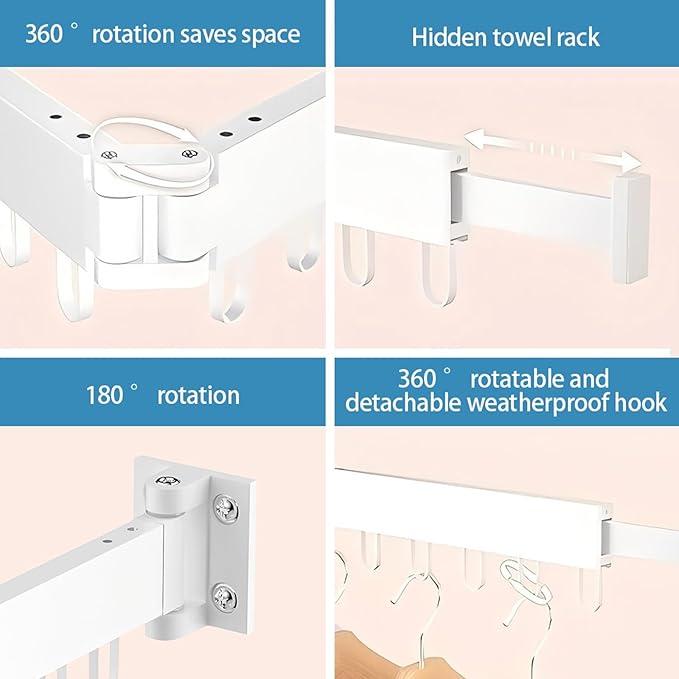 Clothes Drying Rack Wall Mounted,Space Saving Wall Drying Rack,Retractable Collapsible Tri-Fold,for Bathroom,Balcony,Outdoor lndoor with Laundry,White