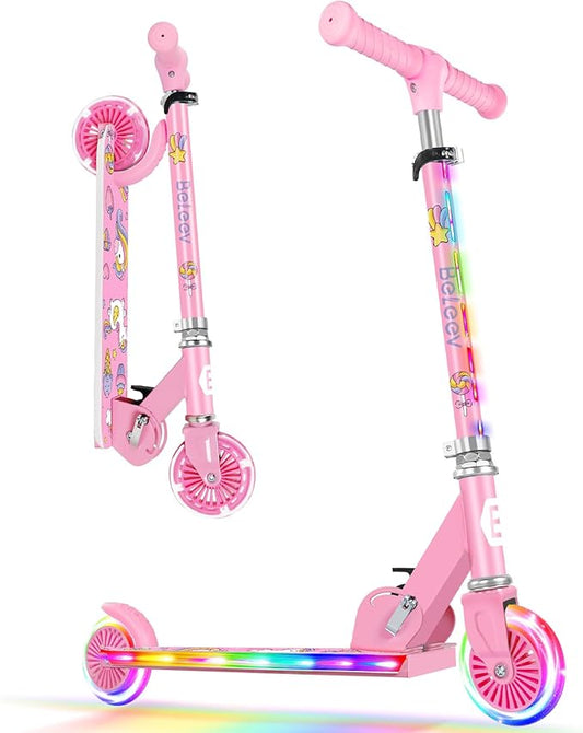 BELEEV V2 Scooters for Kids with Light-Up Wheels & Stem & Deck, 2 Wheel Folding Scooter for Girls Boys, 3 Adjustable Height, Non-Slip Pattern Deck, Lightweight Kick Scooter for Children Ages 3-12