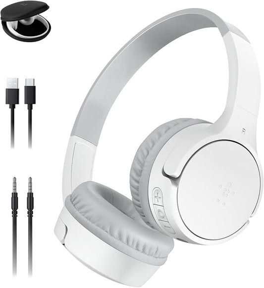Belkin SoundForm Mini Kids Wireless Headphones w/Built-in Microphone, 30H of Playback Time, Fun Stickers, & Case - Over-Ear Headsets for Online Learning, School, iPhone, iPad, Galaxy, & More - White