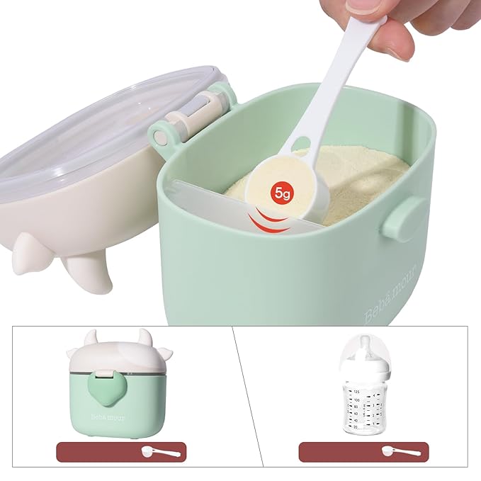 Bebamour Baby Formula Dispenser On The Go, Formula Container to Go, Formula Holder for Travel, Candy Fruit Snack Storage Container with Scoop and Leveller (Light Green Cow)