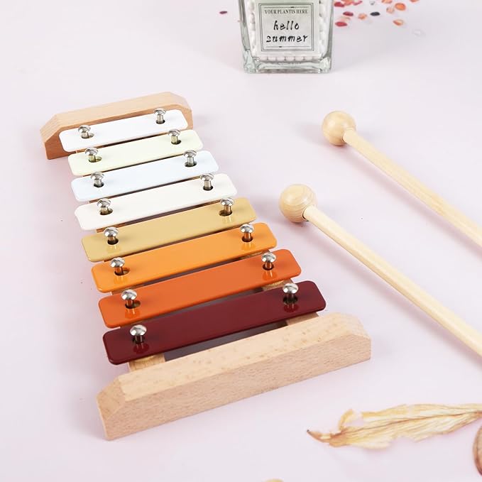 Baby Musical Instruments Neutral Colors Percussion Instruments Set Montessori Wooden Toys for Toddlers 1-3 with Xylophone for Kids Preschool Educational 3+ Wood Musical Toy 8pcs